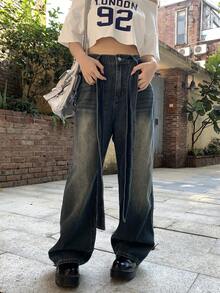 FRIFUL 女士高腰带口袋阔腿宽松休闲百搭牛仔裤 - 藍色 - 查看 3