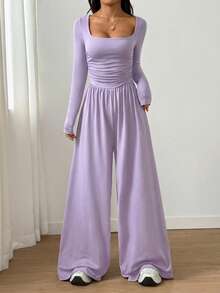 SHEIN Unity 女士方领长袖休闲简约褶皱连体裤 - 淡紫色 - 查看 3