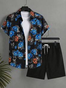 Manfinity Swimmode Floral Print Button Front Casual Shirt & Shorts Set Beach Shirt For Men Men Resort Wear Mens Hawaiian Shirt - Multicolor - View 2