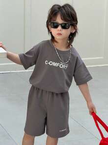 DAZY 两件套男童字母印花圆领落肩T恤和短裤休闲套装 - 灰色 - 查看 1