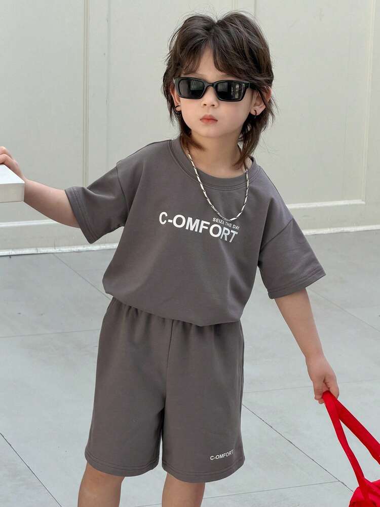 2pcs/Set Young Boy Letter Print Round Neck Drop Shoulder T-Shirt And Shorts Casual Outfit Summer