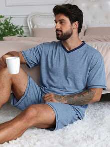 DAZY Men's Blue Short Sleeve T-Shirt And Shorts Pajama Set, Summer - Blue - View 4