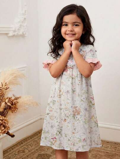 女童动物王国卡通印花荷叶边长连衣裙，短袖，舒适纯棉，甜美优雅，夏季家居服