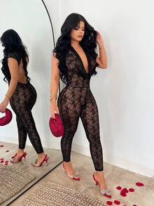 SHEIN SXY 黑色性感蕾丝深V露背连体裤 - 黑色 - 查看 6