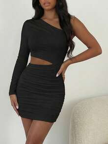 Allurite Women's One-Shoulder Hollow Pleated Slim Dress Fall Cloth For Women