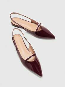 CUCCOO BIZCHIC Women's Burgundy Patent Leather Pointed Toe Backless Strap Comfortable Simple Rhinestone Decor Flat Slip-On Shoes, Suitable For Work Valentine's Day - Burgundy - View 10