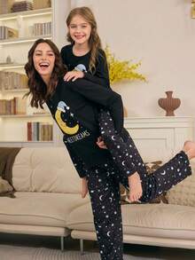 Genkimix Kids 女童简约玫红色睫毛印花长袖上衣和裤子两件套睡衣套装