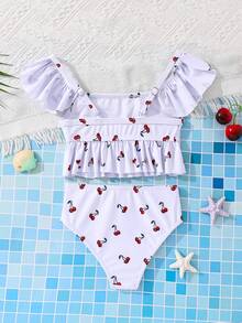 SHEIN 2件套可爱樱桃印花荷叶边女童（小号）泳衣套装，夏季海滩度假 - 白色 - 查看 2