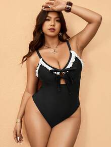 Elaquor Áo tắm liền thân cỡ lớn phối màu xếp nếp, thích hợp cho kỳ nghỉ và đi biển. - màu đen - Xem 5