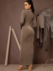 Silquee High Neck Solid Bodycon Dress - Mocha Brown - View 2