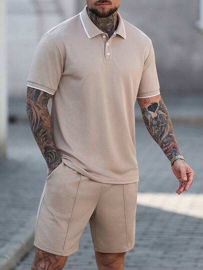 Manfinity CasualCool Men's Jacquard Ribbed Collar Short Sleeve Casual Polo Shirt Set,Men Old Money,Daily Leisure, Weekend Trips, Outdoor Activities, Travel Expeditions, Relaxed Work Environments Or Semi-Formal Occasions, Boyfriend/Husband Gift, Anniversary /Birthday Gift Party Summer Vacation Holiday,Wedding,Spring To Summer,Mardi Gras,Men Two Piece Set Summer,Casual Two Piece Set Men,Men Co Ord Set,Men Summer Sweatsuit,Beige Men Outfit,Men's Short Sleeve Knitted Polo And Shorts Tan Two Piece Outfit