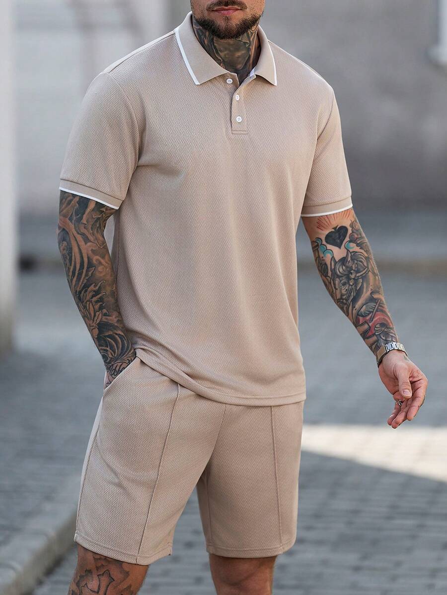 Manfinity Homme 男士提花罗纹领短袖休闲Polo衫套装 - 卡其色 - 查看 1