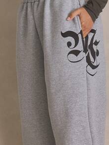 MUSERA 印花阔腿弹力腰慢跑裤，夏季、运动、休闲、日常、街头风、潮流服饰 - 灰色 - 查看 5