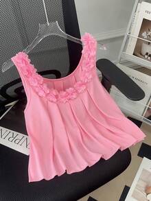 Roelina Women's Simple Vacation Solid Color Applique Round Neck Top, Summer - Pink - View 6