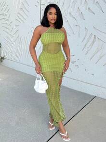 Alexandranx Sexy Boho Colorful Crochet Wavy Pattern High Split Dress, Halter Backless Tassel Hem Vacation Dress, Suitable For Casual Outing, Date, Birthday, Party, Nightclub, Island Resort, Holiday,Rave Outfits Festival - Green - View 6