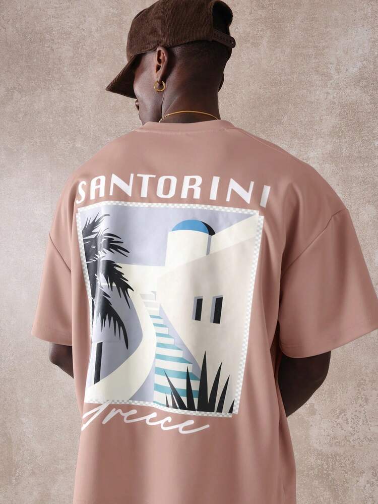 Boxy Fit Men's Oversized Graphic T-Shirt With Santorini Greece Print Mediterranean Summer Vacation Tee Casual Streetwear