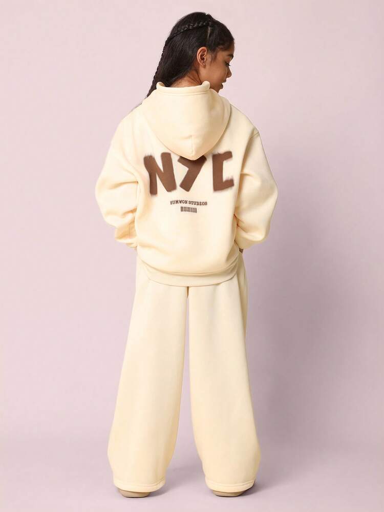 SUMWON Tween Girls Comfy Regular Fit NYC Graphic Printed Overhead Hoodie And Wide Leg Sweatpants 2 Piece Set Vacation