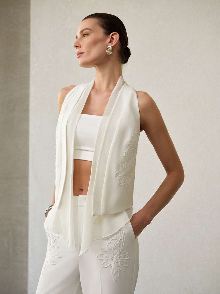 WOMEN'S FLORAL EMBROIDERY SLEEVELESS CARDIGAN, SPRING/SUMMER