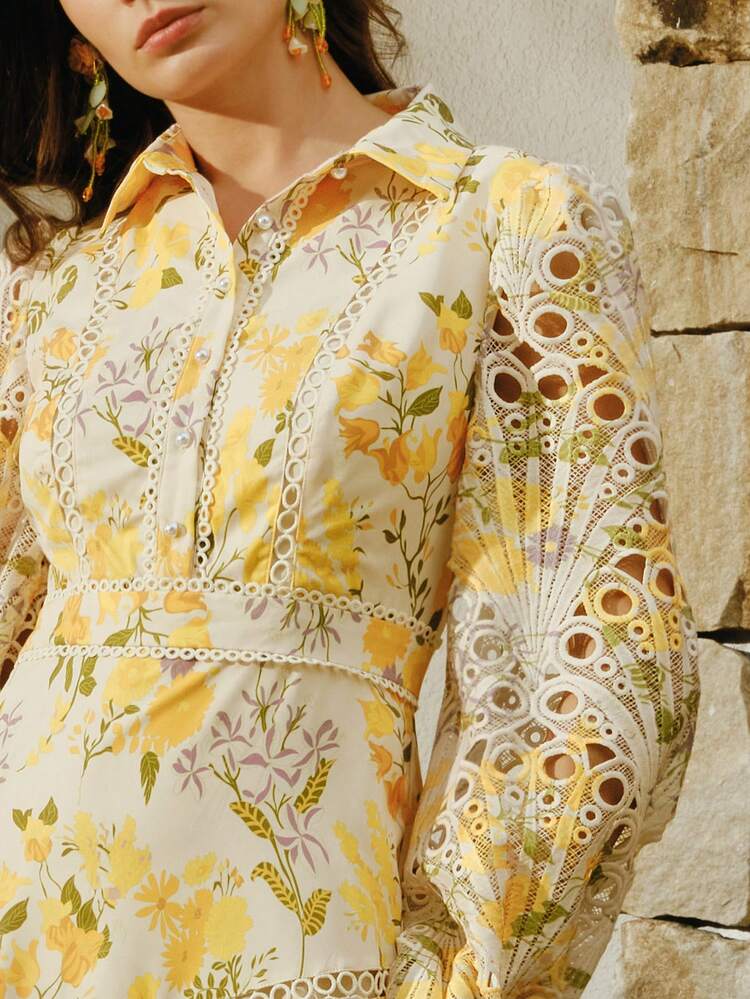 Anewsta Elegant Elegant Shirt Collar Long Sleeve Hollow Lace Print Patchwork A-Line Dress For Women