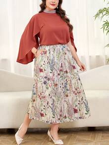 Reflora Plus Size Women's 2 Piece Set,Multicolor Elegant Blouse & Floral Printed Skirt With Pockets,Autumn Wedding Guest Outfit,Flowy Sleeve Bohemian Suits - Multicolor - View 7