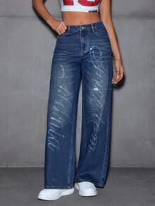 SHEIN EZwear Women's Retro Y2K Style Rhinestone Embellished Straight Leg Jeans - Dark Wash - View 4