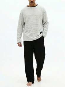 SUMWON Striped Crew Neck Long Sleeve Top And Straight Leg Lounge Pants Comfortable Relaxed Fit Pajama Set With Contrast Trim