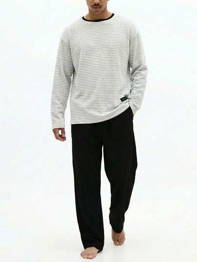 SUMWON Ensemble pyjama avec Top à col rond à manches longues rayé et pantalon droit de détente. Coupe confortable et décontractée avec bordure contrastée.