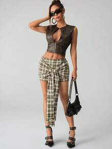 SHEIN ICON Women's Summer Fashion Daily Street Casual Plaid Print Pleated Twist Waist Mini Bodycon Skirt - Khaki - View 6