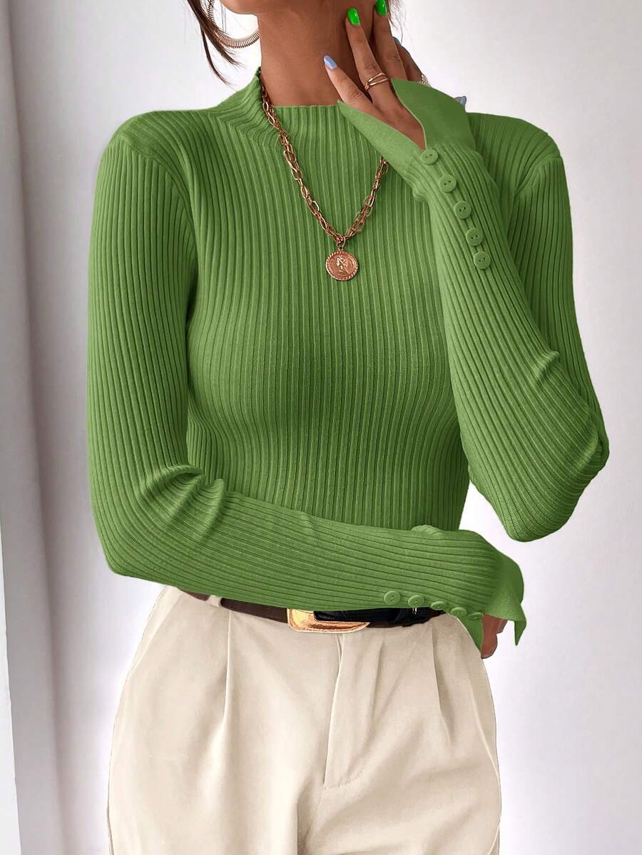 BizChic 女士纯色立领修身长袖针织衫，基础款都市通勤商务休闲上衣，百搭优雅的日常通勤装，浪漫90年代复古风，适合圣诞节、新年、情人节、派对、海滩、毕业典礼、时尚嘉年华、假日、婚礼宾客、早午餐、机场等多种场合。 - 綠色 - 查看 1