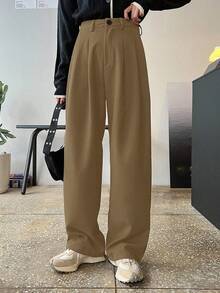 DAZY 女士纯色褶裥口袋商务休闲裤 - 卡其色 - 查看 3