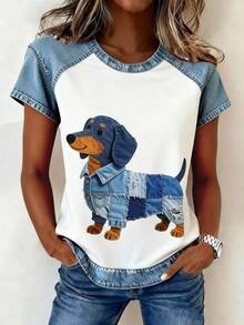 EMERY ROSE Women's Casual Denim Dog Print Short Sleeve T-Shirt - Multicolor - View 1