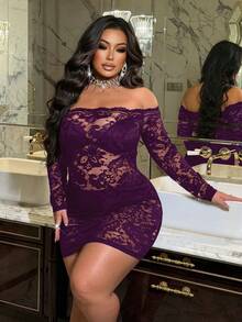 NU&NOW 大码蕾丝性感透视花卉拼接露肩长袖连衣裙 - 紫色 - 查看 4