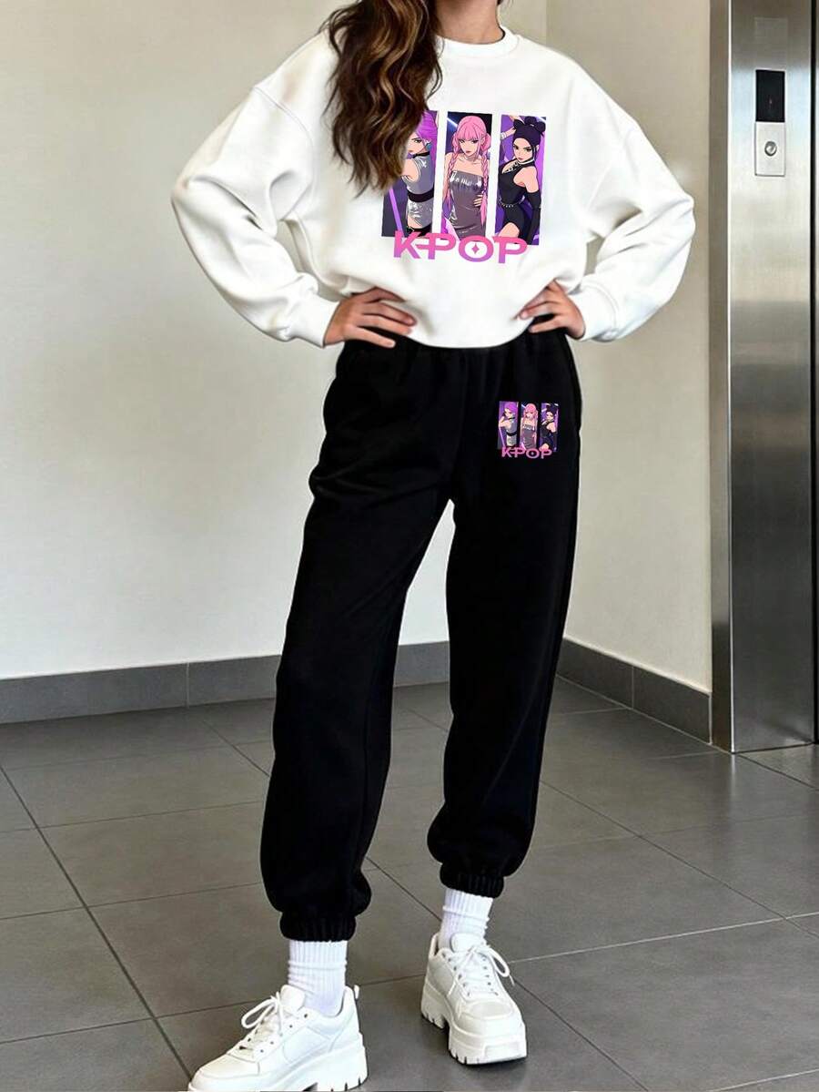 Sparklyn Teenager Mädchen 2-teiliges Set KPOP Idol & Herz Grafik weißer Rundhals Sweatshirt & schwarze Jogginghose Outfit, lässig modisch warmer Sweatshirt, geeignet für Herbst/Winter