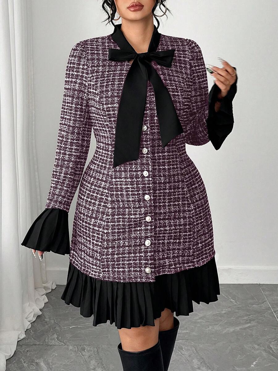 Elenzga Plus Size Plaid Flared Sleeve Belted Front Button Fitted Dress - Pink - View 1