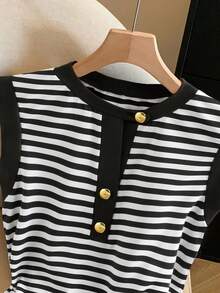 Everyssa 女士夏季休闲黑白条纹边饰无袖T恤 - 黑與白 - 查看 3