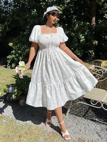 Lyrianda Đầm dài ngang gối dáng suông, cổ vuông, tay phồng, nhún bèo, thắt nơ, kiểu dáng thanh lịch cổ điển, thường ngày, dễ thương, thích hợp cho kỳ nghỉ. - trắng - Xem 4