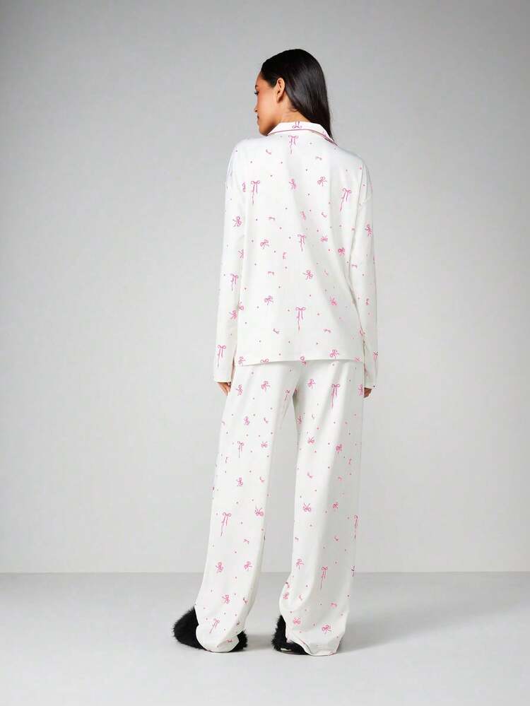MISSGUIDED Conjunto de pijama para mujer con camisa de manga larga con botones y pantalones a juego con estampado de lazos rosas, conjunto de ropa de estar en casa cómoda