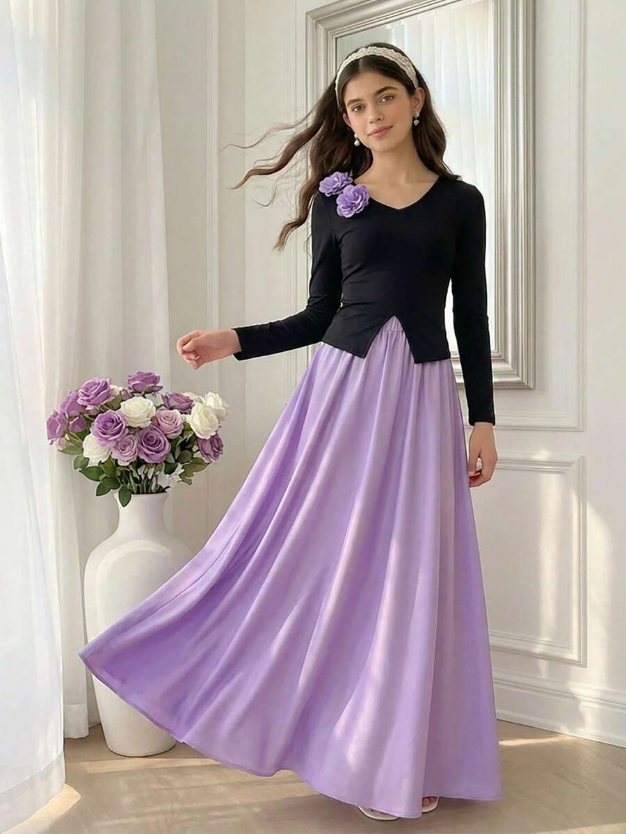 少女优雅甜美风圆领长袖上衣搭配缎面半裙两件套，春秋季阿巴雅长袍，花卉装饰腰部设计，正式场合穿着 - 紫色 - 查看 1
