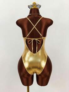 Amplova 1pc Women's Halter Neck One-Piece Swimsuit, Sexy Cutout Design With Metal Accents, Ruched Waist, Open Back With Tie, Suitable For Vacation - Apricot - View 6