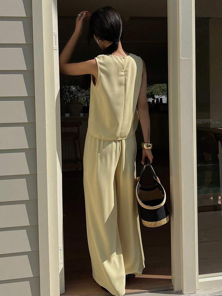 Women's Casual Solid Color Sleeveless Top And Wide Leg Pants 2 Pieces Set, Summer