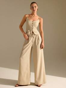 Beige Button Front Crop Top And Wide Leg Pants Set: Regular Fit And Laidback Minimalist Vibe, Great For Summer Brunches Or Coastal Trips, Made In Lightweight Non-Elastic Linen Blend Featuring Adjustable Straps And Relaxed Trouser Cut Linen Two Piece Set Beige Two Piece Set Linen Outfit Pant Suit Summer Sets Women Linen Pants Set Womens Jumpsuits Summer Vacation Jumpsuit Woman Linen Jumpsuit Women Cotton Jumpsuits For Woman Linen Set Women Womens Two Piece Outfits Linen Outfits For Women Womens Linen Pants Set Womens Linen Set Two Piece Set Women Linen Clothing Women - Beige - View 3