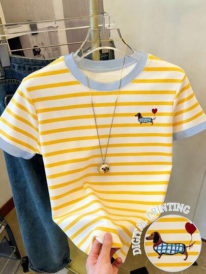 Resyla Blusa de manga corta para mujer / Rayas digitales / Estampado de cachorro de dibujos animados / Estilo lindo y dulce / Blusa de cuello redondo de manga corta casual y versátil para mujer / Blusa de mujer para primavera/verano