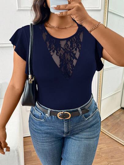 SHEIN Frenchy Plus Size Women Semi-Sheer Lace Patchwork Ruffle Sleeve Casual T-Shirt, Fashionable Daily Versatile Spring/Summer New Arrivals Concert Women Rave Festival Rave Elegant Top