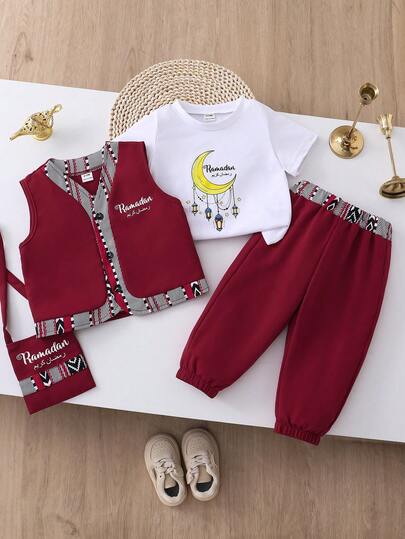 Toddler Boys' Printed Vest Set With Printed Short Sleeve Top And Printed Long Jogger Pants, Accessory Pocket Bag, Suitable For Outdoor And Indoor Wear, Spring/Summer/Autumn