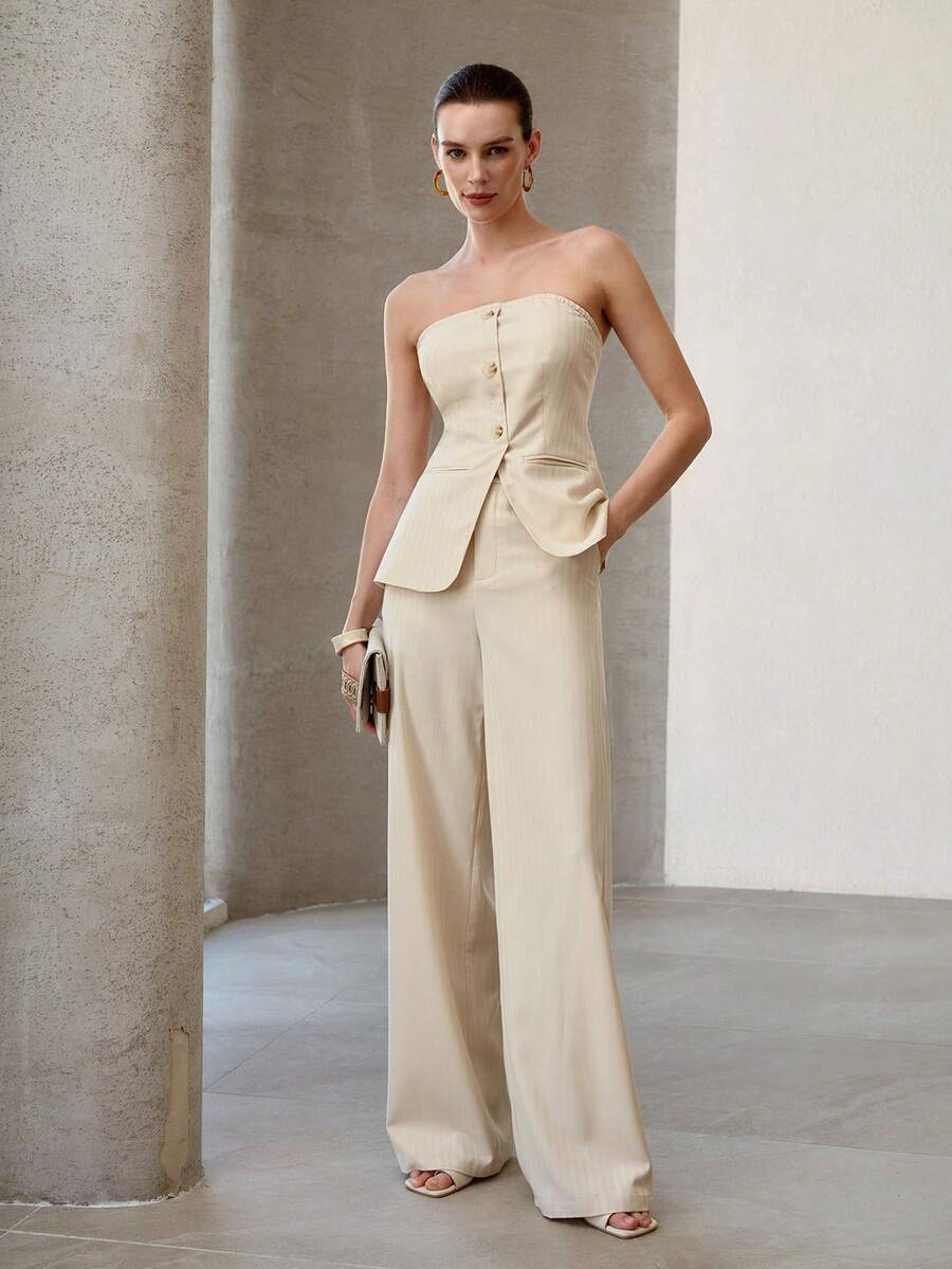 MOTF PREMIUM 2PCS WOMEN'S BUTTON-UP TUBE TOP & WIDE LEG PANTS SET, VERSATILE STYLING, ALL SEASON - Apricot - View 1