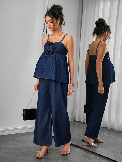 Momance Fashionable & Elegant Maternity Denim 2 Pieces Set: Wide Leg Pants & Camisole Top