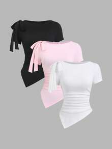 Sweetra Set de 3 camisetas de manga corta de unicolor con cuello de barco, lazo en los hombros, dobladillo asimétrico y cintura fruncida, en blanco, rosa y negro, adecuadas para ir al trabajo y salidas en primavera/verano - Multicolor - Ver 3