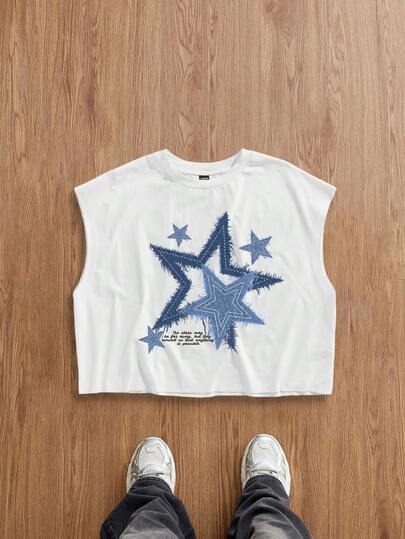 Manfinity Joysei Men's Casual Navy Blue & White Star Pattern Oversized Cropped Tank Top, Men's Short Shirt