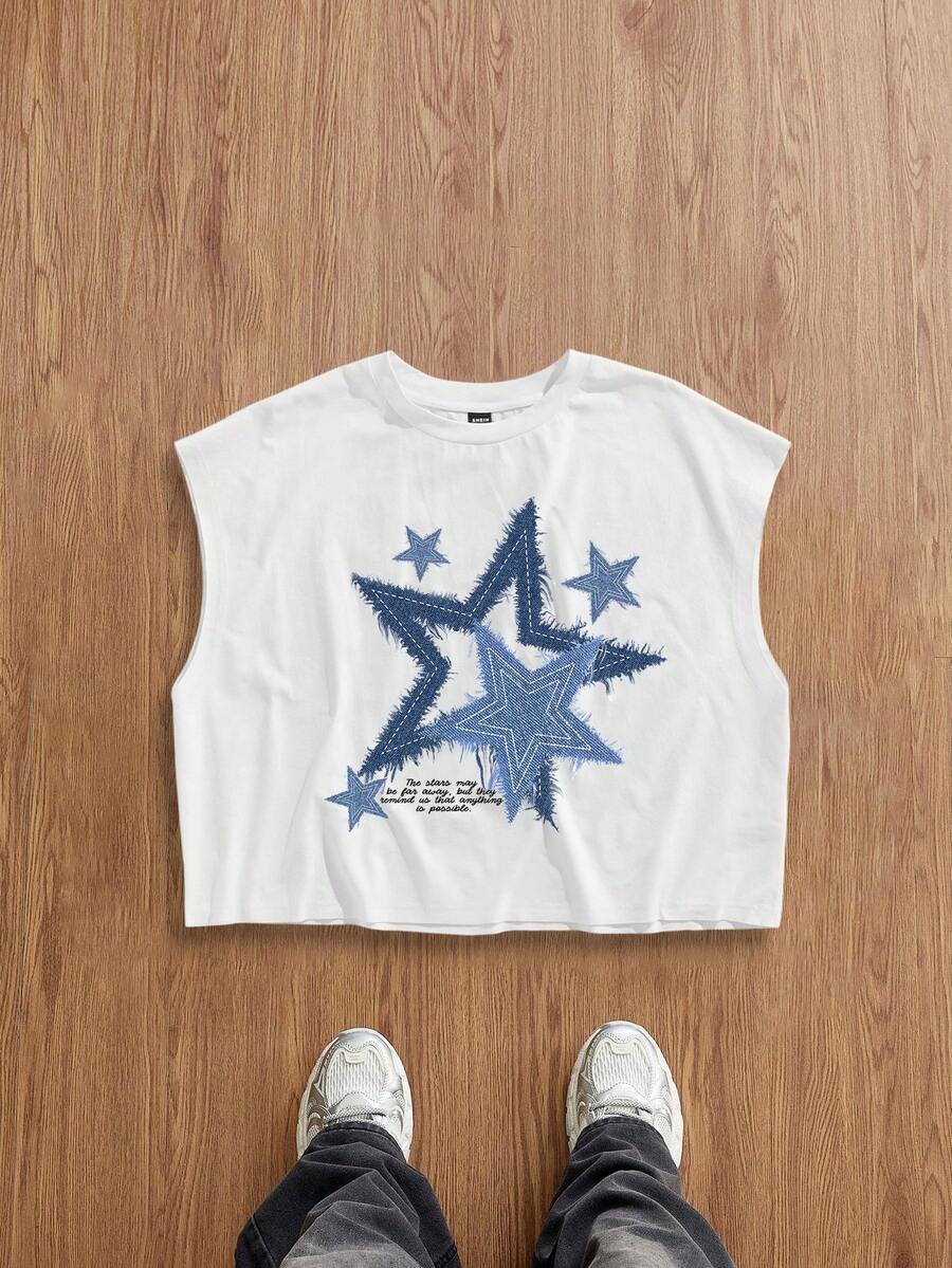 Manfinity Joysei Men's Casual Navy Blue & White Star Pattern Oversized Cropped Tank Top, Men's Short Shirt - White - View 1