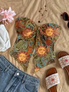 Soleia Áo nữ phong cách giản dị, tối giản, kiểu bohemian, thanh lịch, lãng mạn, cổ điển, họa tiết thần mặt trời, hoa lá, thoải mái với viền bèo xoắn, thích hợp cho mùa xuân/hè. - Nhiều màu - Xem 6
